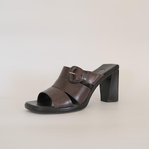 90s stacked heel mules - 90s 00s y2k vintage Enzo Angiolini chocolate brown slide heels sandals (7.5)