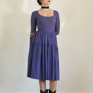 saint laurent cotton prairie skirt - 70s vintage rare ysl rive gauche purple tiered french peasant knee length midi skirt (xs)