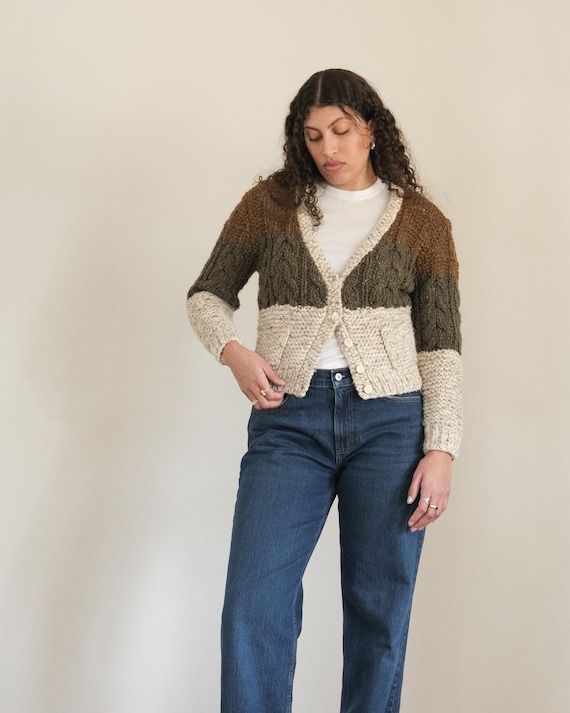 Liz Claiborne, vintage Liz Claiborne chunky cardigan – 80s brown green knit jumper sweater (s-m)