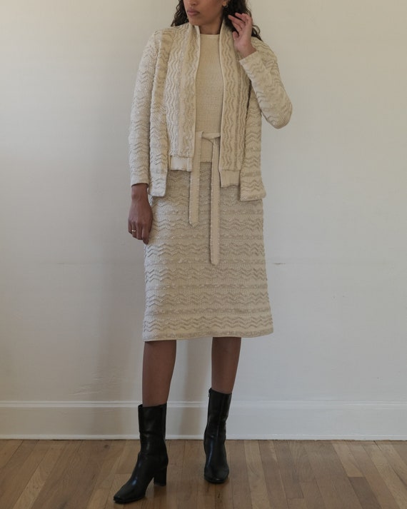 Mollie Parnis Knit Dress Ensemble 60s Vintage Cream Cotton 