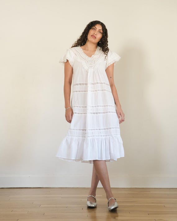 vintage cotton lace midi dress - 90s White floral embroidered nightgown (s-m)