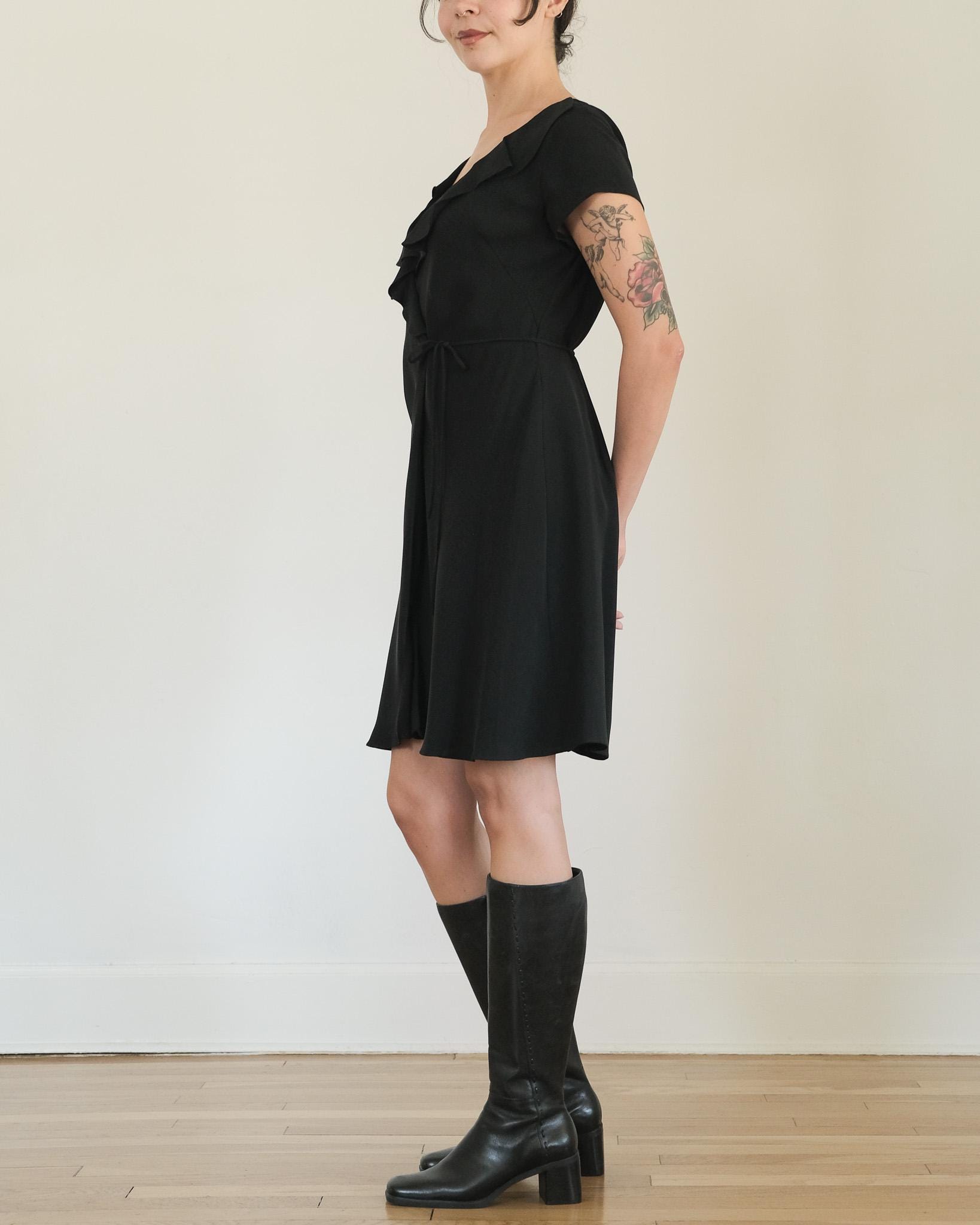 90s Black Silk Ruffle Wrap Top (XS)
