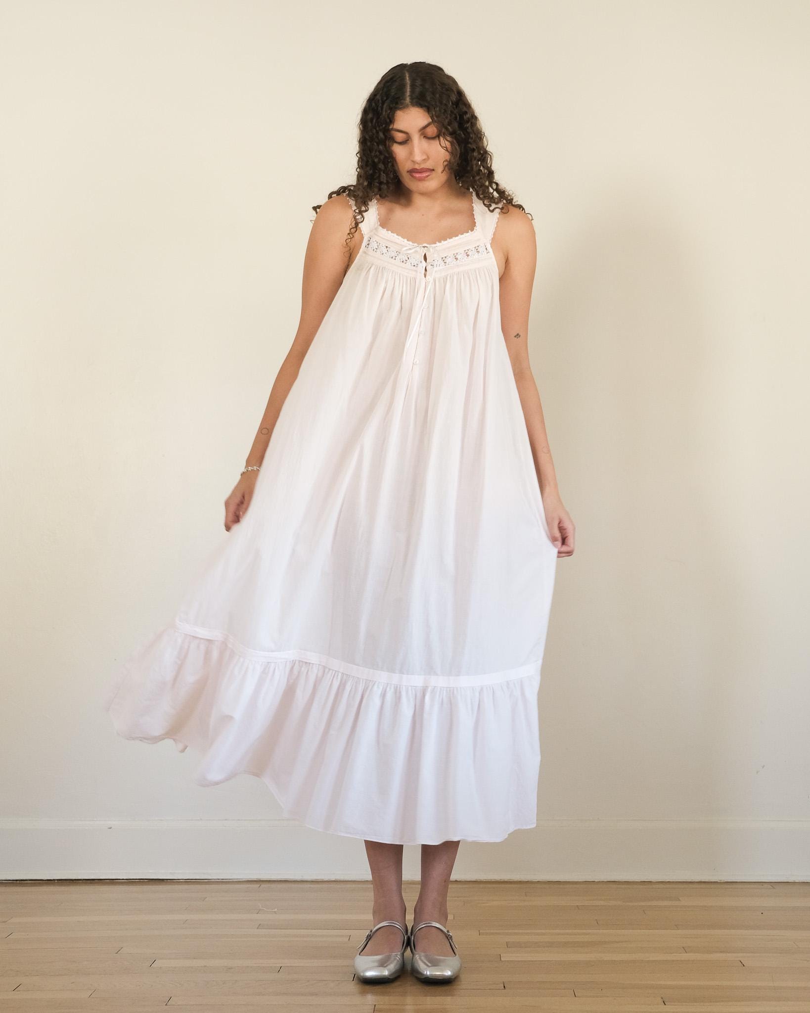 eileen west pale pink midi - 80s 90s 00s vintage pink cotton sleeveless ruffle tiered hem nightgown lounge dress (s - m)