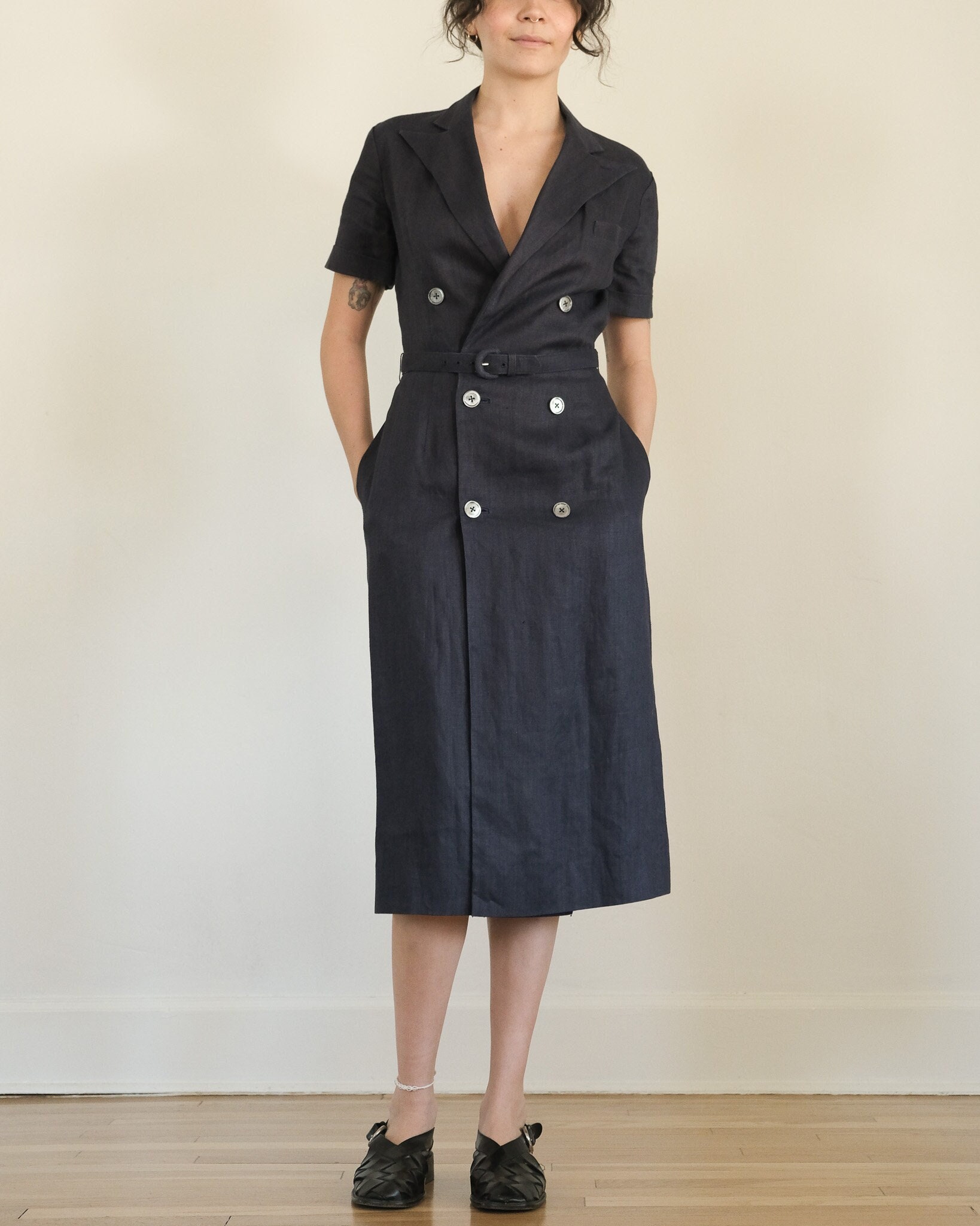 Ralph Lauren Linen Dress - 70s 80s Vintage Navy Blue Linen