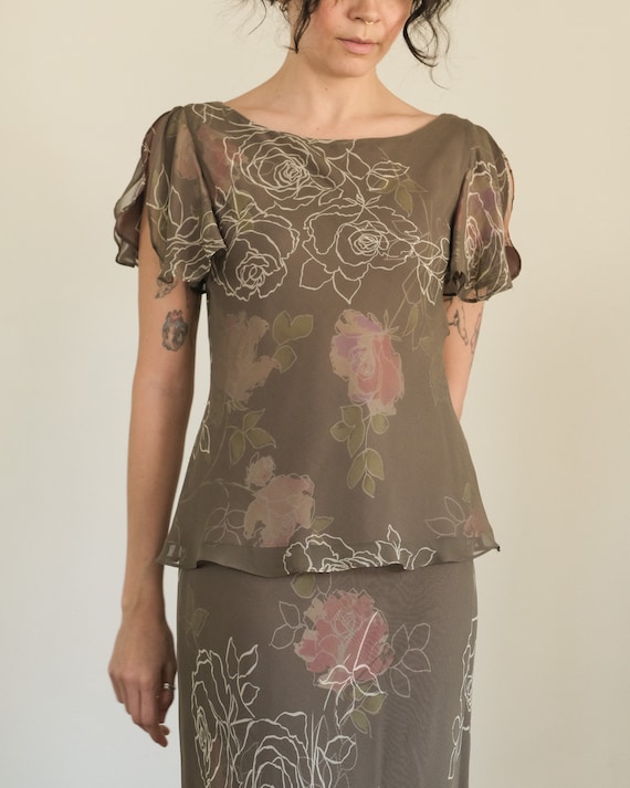 silk rose skirt set - 90s 00s vintage silk chiffo… - image 6