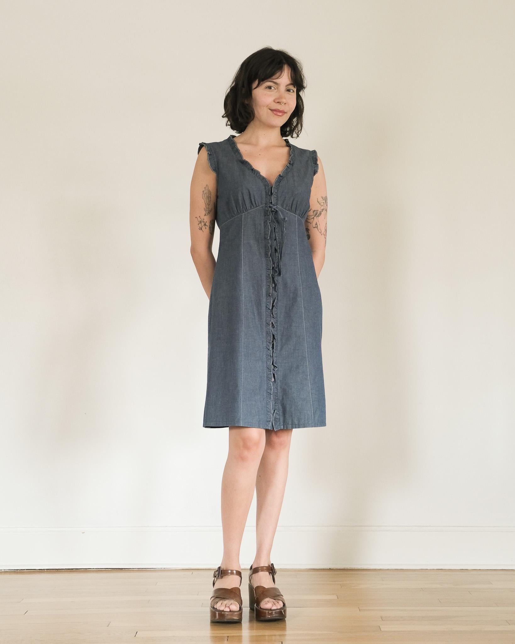 Nanette Lepore Chambray Dress 90s 00s Y2k Vintage Blue Cotton