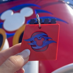 May include: Red plastic key card with a blue and white Mickey Mouse head logo and the words "Disney Cruise Line" on it.