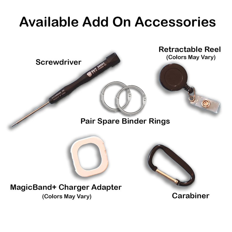 Puede incluir: Un conjunto de accesorios para un MagicBand+ que incluye un carrete retr&aacute;ctil negro, un par de anillas de encuadernaci&oacute;n plateadas, un adaptador de cargador blanco, un destornillador negro y un mosquet&oacute;n negro.