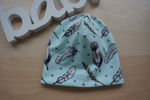 Mutze Baby Kind Feder Mint Weiss Babymutze Etsy