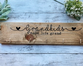 Grandkids Make Life Grand Christmas Birthday Mother's Day Gift Art Display Sign, Hanging Grandparent Wall, Photo Holder, Grand kids photos