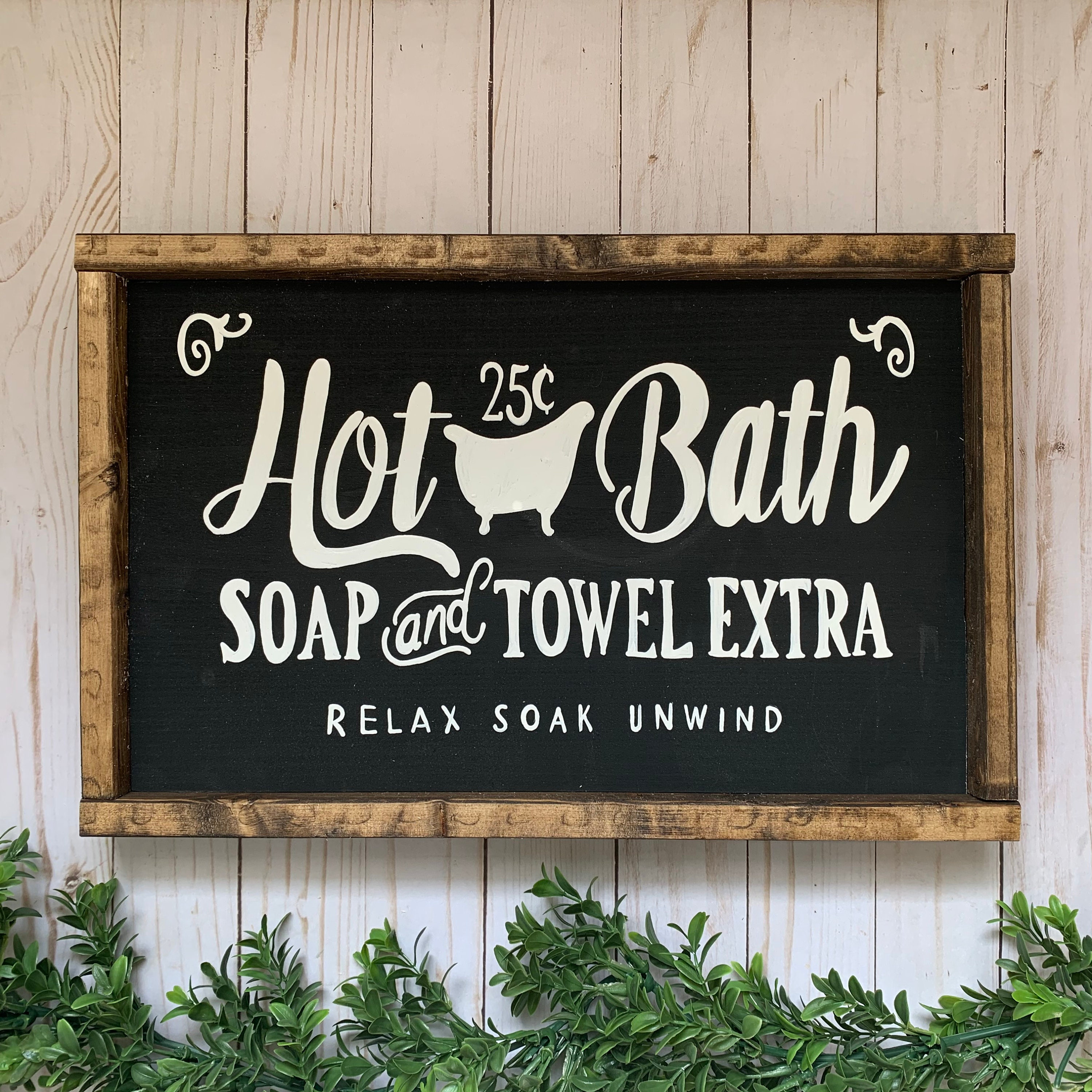 Handmade Farmhouse Style Framed Wood Sign Hot Bath 25 Cents Soap and Towels Extra, Hot Bath Sign, Farmhouse Style Signs, Bathroom Wall Decor