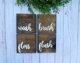 Wash brush floss flush bathroom wooden wall decor, wood decor, bathroom decor, rustic home decor, farmhouse style, fixer upper style, humor