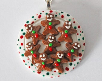 Gingerbread Cookie Plate Necklaces, Polymer Clay Necklace, Food Jewelry, Miniature Food Jewelry, Miniature Food Necklace, Christmas Jewelry