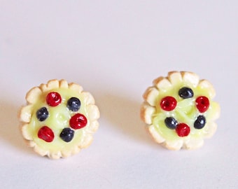 Lemon Berry Tartlette Stud Earrings, Polymer Clay Earrings, Dessert Earrings, Miniature Food, Tart Stud Earrings, Raspberry Fruit Tartlette