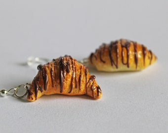 Chocolate Croissant Earrings, Miniature Food, Polymer Clay Charms, Food Earrings, Croissant, Pastry Earrings, Chocolate Croissant Charm