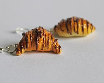 Chocolate Croissant Earrings | Miniature Bakery Food Jewelry | Realistic French Pastry Gift