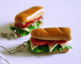 Salami Sandwich Earrings, Miniature Food, Polymer Clay Charms, Food Earrings, Kawaii Earrings, Cute Earrings, Sandwich Earrings, Salami