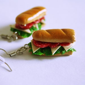 Salami Sandwich Earrings, Miniature Food, Polymer Clay Charms, Food Earrings, Kawaii Earrings, Cute Earrings, Sandwich Earrings, Salami