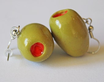 Stuffed Olive Earrings, Olive Earrings, Polymer Clay Earrings, Food Earrings, Food Jewelry, Olive Jewelry, Olive Charm, Green Olive