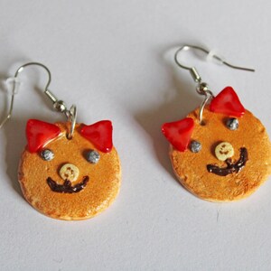 Cat Face Pancake Earrings, Miniature Food, Breakfast Earrings, Food Earrings, Pancake Earrings, Food Jewelry, Pancake and Fruit Breakfast