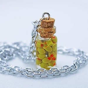 Olive Glass Bottle Necklace, Olive Necklace, Polymer Clay Necklace, Food Necklace, Food Jewelry, Olive Jewelry, Olive Charm, Stuffed Olives