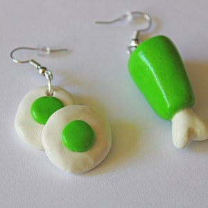 Green Egg and Ham Earrings, Miniature Food, Polymer Clay Charms, Food Earrings, Food Jewelry, Miniature Egg, Ham Earrings
