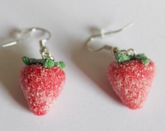 Sugar Coated Strawberry Earrings, Polymer Clay Earrings, Dessert Earrings, Miniature Food, Strawberry PIe, Strawberry Candy