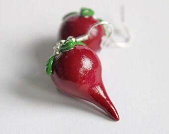 Beet Earrings, Miniature Food, Polymer Clay Charms, Food Earrings, Kawaii Earrings, Cute Earrings, Vegetable Earrings, Beet Jewelry