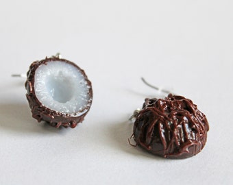 Coconut Shell Earrings, Polymer Clay Earrings, Food Earrings, Food Jewelry, Fruit Jewelry, Tropical Jewelry, Coconut Earrings