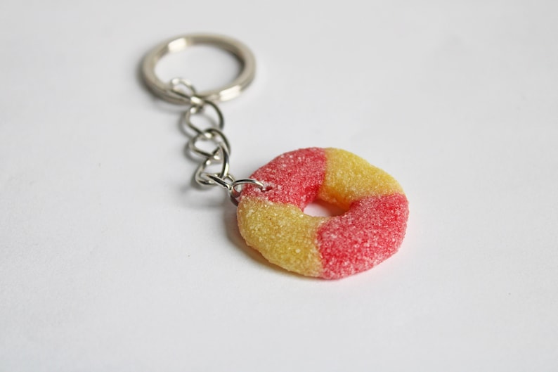 Peach Ring Candy Key Chain, Sugar Coated Polymer Clay Key Chain, Food Earrings, Food Key Chain, Candy Key Chain, Peach Key Chain image 1