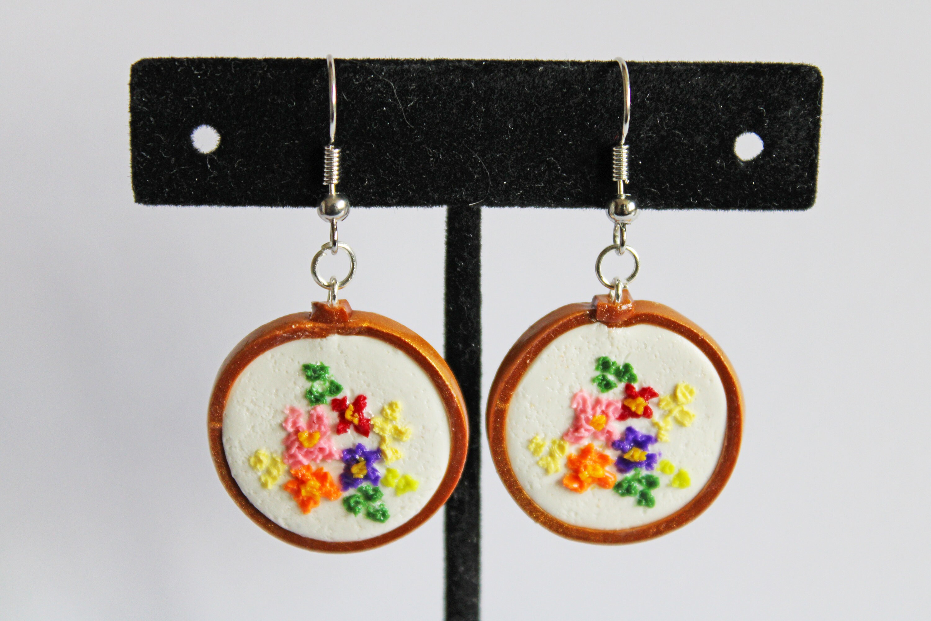 Flower Design Embroidery Hoop Earrings Embroidery Earrings Etsy