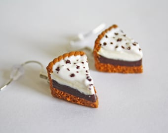 Chocolate Cream Pie Slice Earrings | Realistic Miniature Bakery Jewelry | Handmade Foodie Gift