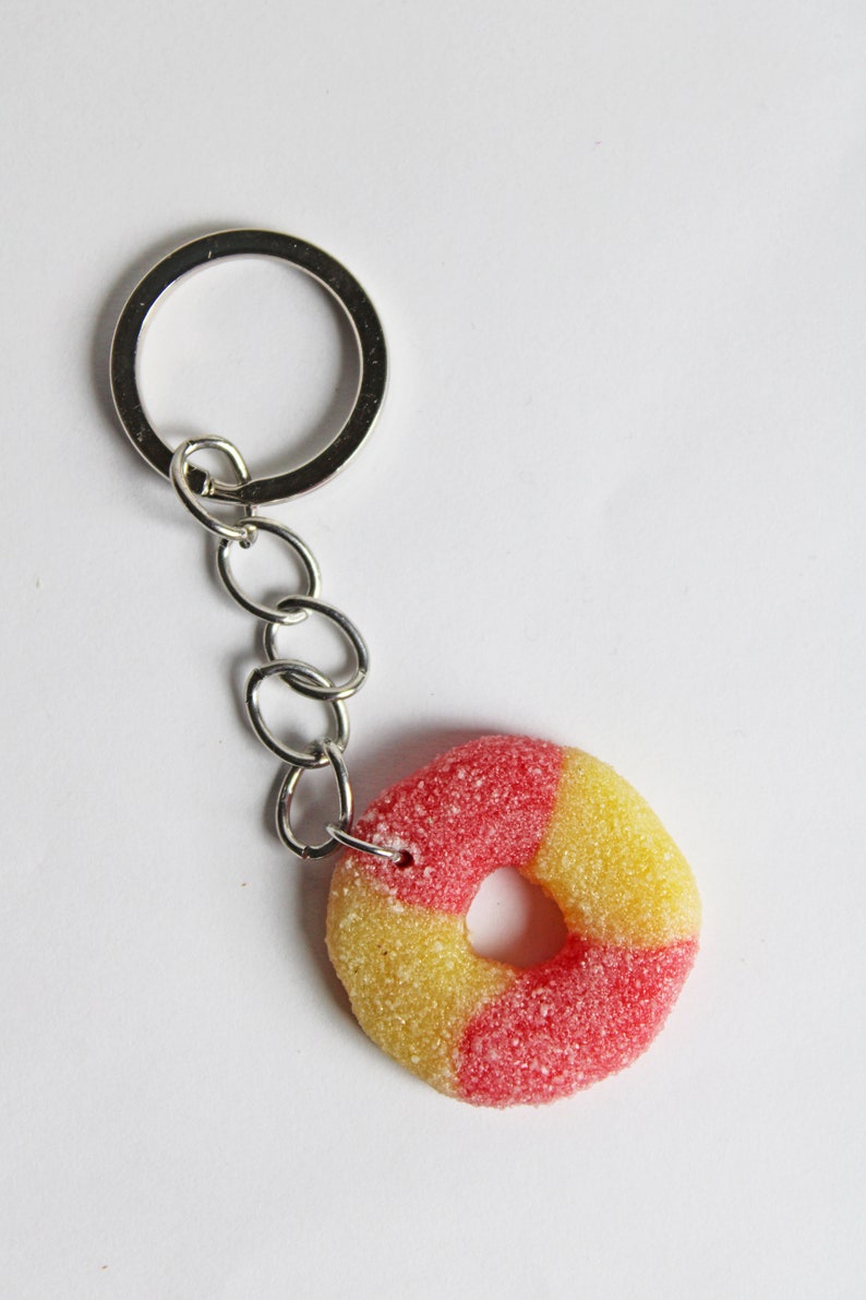 Peach Ring Candy Key Chain, Sugar Coated Polymer Clay Key Chain, Food Earrings, Food Key Chain, Candy Key Chain, Peach Key Chain image 2