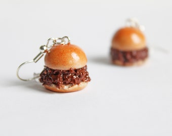 Sloppy Joe Earrings, Polymer Clay Earrings, Kawaii Jewelry, Food Jewelry, Miniature Food Jewelry, Hamburger Earrings, Miniature Burger