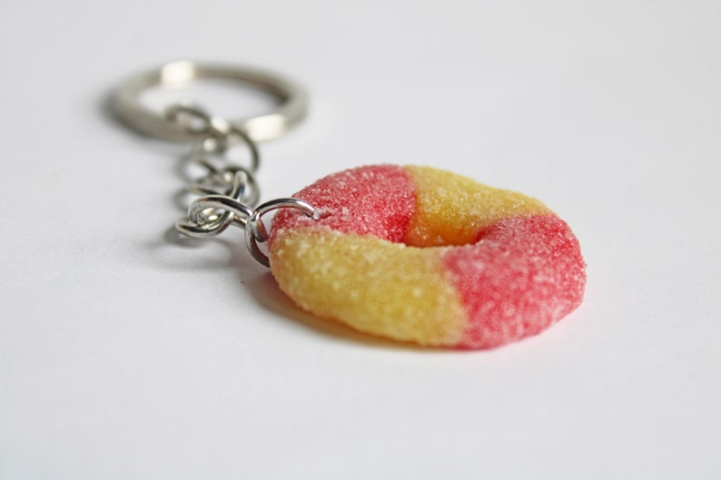 Peach Ring Candy Key Chain, Sugar Coated Polymer Clay Key Chain, Food Earrings, Food Key Chain, Candy Key Chain, Peach Key Chain image 3