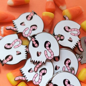 Worm Food - BLACK AND PURPLE Hard Enamel Pin | Halloween Spooky Wormy Skull Lapel Pin