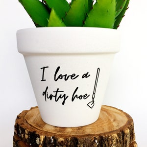 May include: White ceramic planter with the text "I love a dirty hoe" and a small hoe illustration. A green succulent plant is in the planter, which is sitting on a wooden log slice.