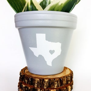 May include: A gray terracotta planter with a white outline of the state of Texas and a small heart in the center. The planter is sitting on a wooden log slice.