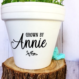 May include: White ceramic planter with the text "Grown by Annie" in black lettering. The planter is sitting on a wooden slice.