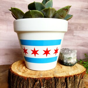 May include: A white terracotta pot with a blue and red Chicago flag design, featuring three red stars, is filled with a green succulent plant. The pot is sitting on a wooden slice.
