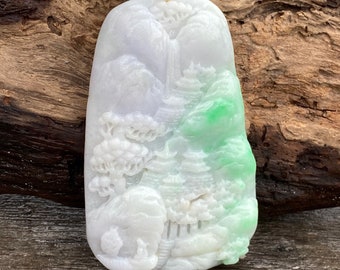 Hand Carved Grade A Jadeite Pendant, Lavender & Green Burmese Jade, Zen Landscape