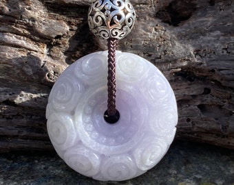 Hand Carved Lavender Jadeite Donut Pendant, Sterling Silver Bead, 30" Necklace
