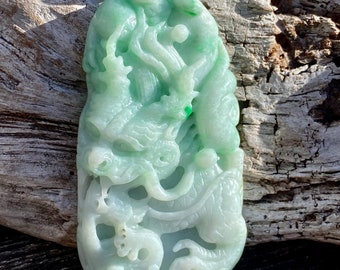 Hand Carved Grade A Jadeite Dragon Pendant, Burmese Emerald Green Jade
