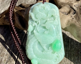 Hand Carved Grade A Jadeite Pendant Necklace, Phoenix & Peony