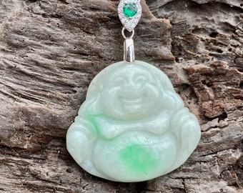Certified Grade A Jadeite Pendant, Jadeite Jade Pendant Necklace, Good Luck Laughing Buddha, Emerald Green Jadeite Buddha Pendant, Amulet.