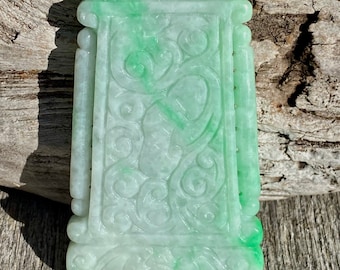 Certified Grade A Jadeite Pendant, Large Burmese Jadeite Pendant, Hand carved Moire Jadeite, Emerald Green Jadeite Plaque Pendant.