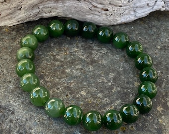 Men's Bracelet, 10mm Nephrite Jade Bracelet, 100% Authentic Natural Canadian Nephrite Jade Beads, Mens Green Jade Bracelet, Gift for husband