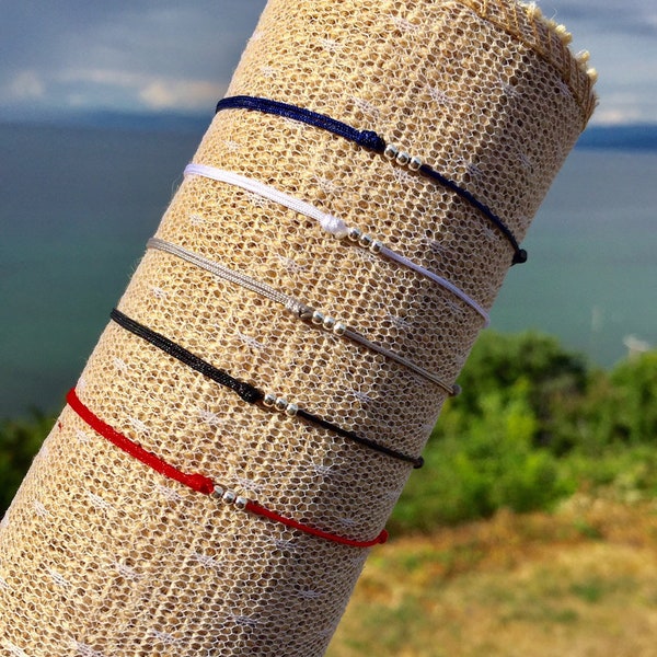 Waterproof bracelet. 925 Sterling Silver Beads, Lucky Red String Bracelet, Tiny Black Cord Bracelet, Bracelet for family, Promise Bracelet.