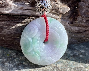 Hand Carved Jadeite Donut Pendant, Certified Lavender Emerald Green Jade