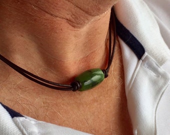 Authentic Natural Canadian Nephrite Jade Pendant, Canadian Jade Barrel Necklace, Men's Jade Choker, Mens Leather Cord Choker, Surfer Choker.